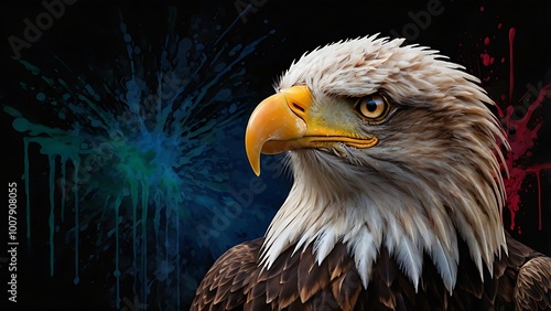 digital artwork featuring a bald eagle with a strikingly detailed and realistic appearance, showcasing its sharp, hooked yellow beak and piercing golden eyes photo