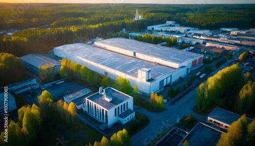 Aerial view of an industrial giant illuminated by sunset, showcasing its grandeur amidst surrounding smaller buildings