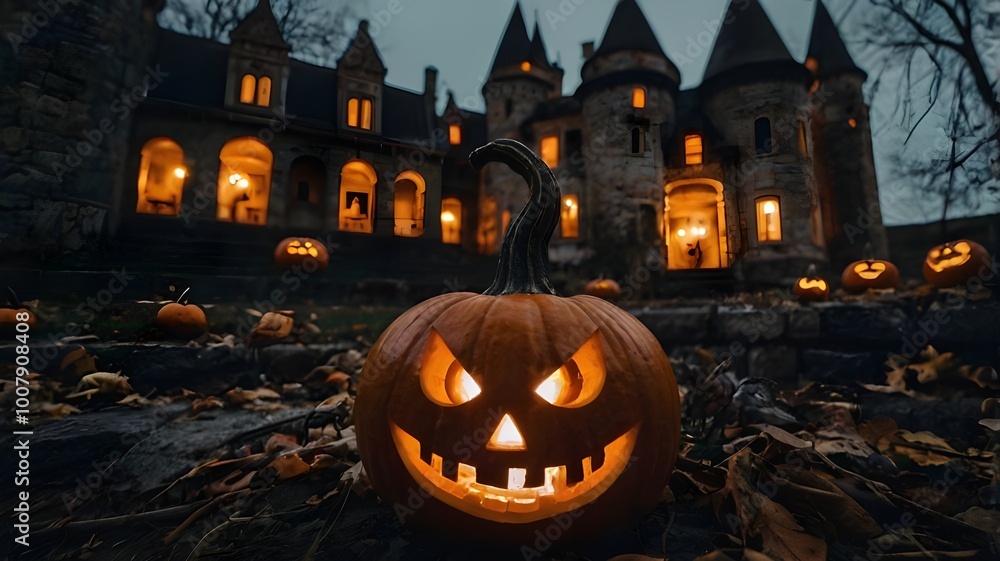 Halloween-themed decorations, Haloween pumpkins, Jack-o-lanterns, Haunted house, Halloween copy space backgrounds Halloween-themed decorations, Haloween pumpkins, Jack-o-lanterns, Haunted house, Halloween copy space backgrounds