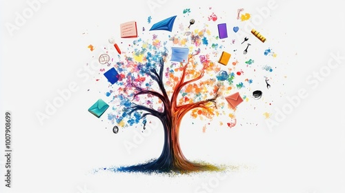 An abstract knowledge tree with colorful branches spreading out into symbols of education, creating a dynamic composition on a white background