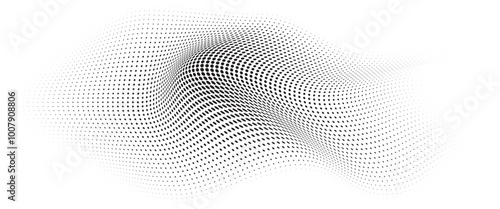 Flowing Wave Dot Halftone Pattern: Curve Gradient Shape on Transparent Background. Suitable for AI, Tech, Network, Digital, Science, and Technology Themes.	