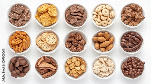 A diverse assortment of snacks displayed in bowls on a neutral background highlights tasty options for sharing or snacking during gatherings