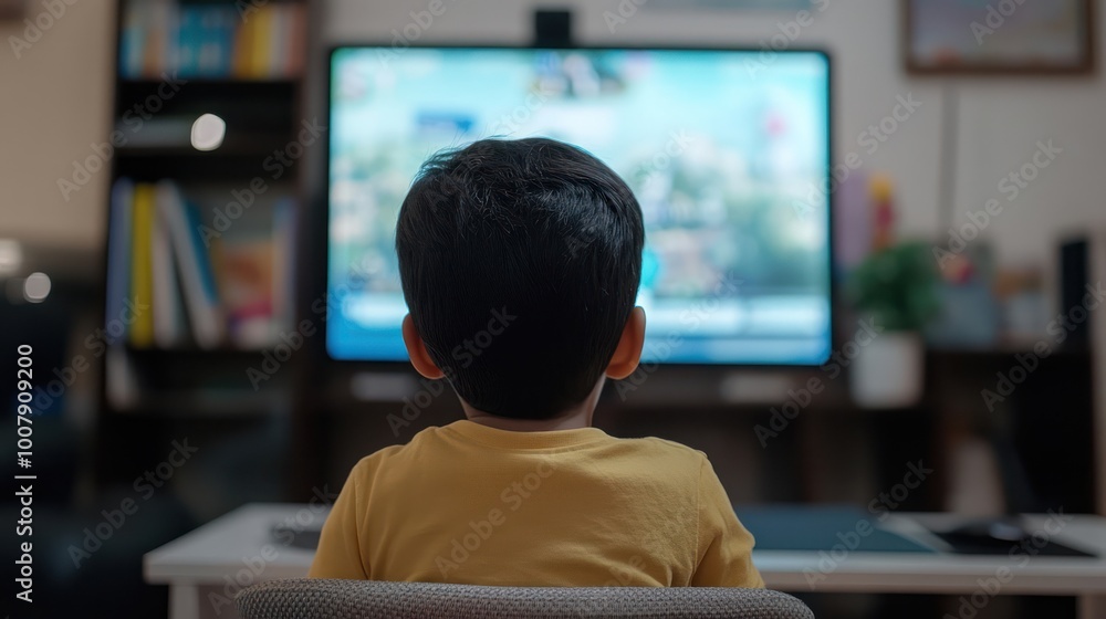 A young boy watches TV, sitting in a chair, facing the screen. A young boy watches TV, sitting in a chair, facing the screen.