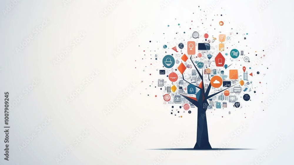 An abstract tree of learning with geometric branches adorned with icons of knowledge, creating a dynamic design on a sleek white background An abstract tree of learning with geometric branches adorned with icons of knowledge, creating a dynamic design on a sleek white background