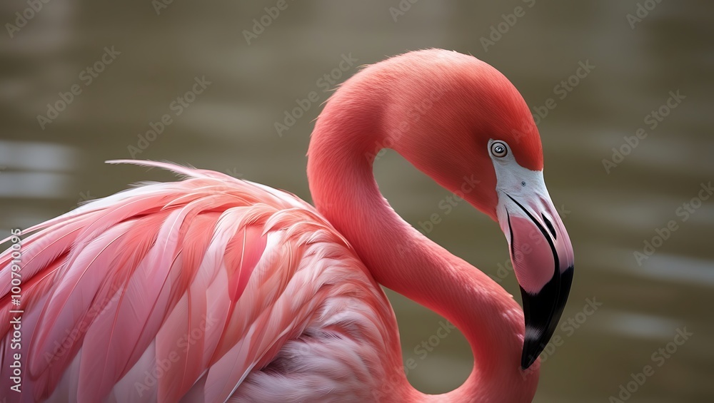 Naklejka premium This stunning close-up image captures the intricate details of a flamingo’s feathers, bringing its vibrant pink hues and delicate textures to life. 