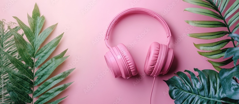 Pink headphones on a pink background with tropical leaves. Pink headphones on a pink background with tropical leaves.