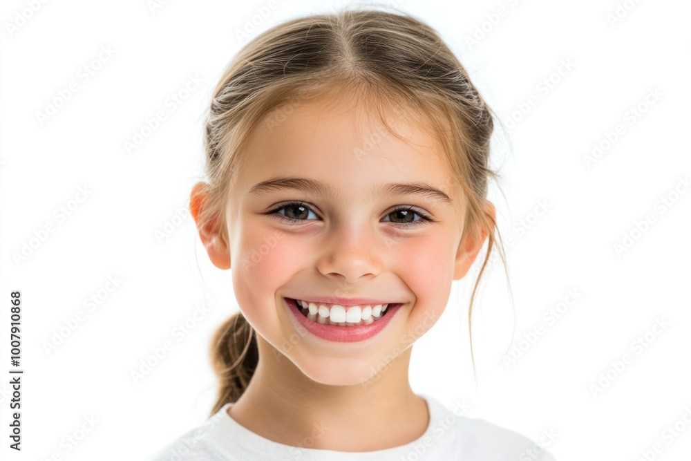 Smiling young girl showing healthy white teeth looking directly at the camera with her hair neatly tied back Isolated on white background Smiling young girl showing healthy white teeth looking directly at the camera with her hair neatly tied back Isolated on white background