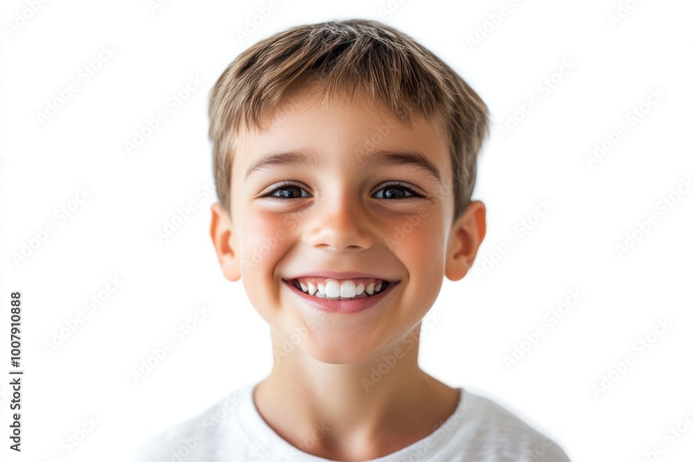 Smiling young boy showing healthy white teeth looking directly at the camera with short hair neatly styled Isolated on white background Smiling young boy showing healthy white teeth looking directly at the camera with short hair neatly styled Isolated on white background