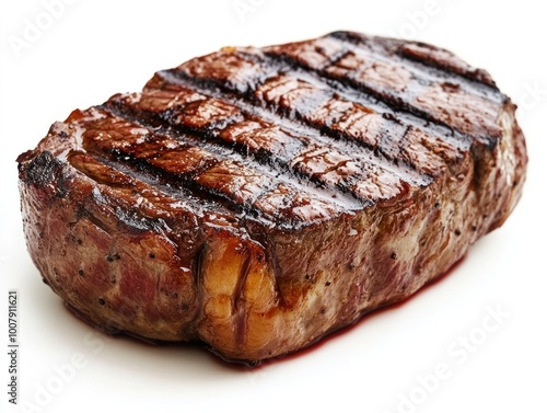 Juicy beef steak cooked to perfection with visible grill marks and a slightly charred exterior Isolated on white background