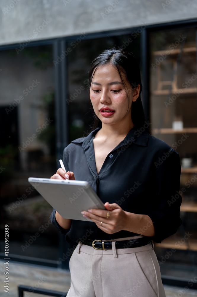 Professional Asian businesswoman is focused on reading her work on her digital tablet in her office. Professional Asian businesswoman is focused on reading her work on her digital tablet in her office.