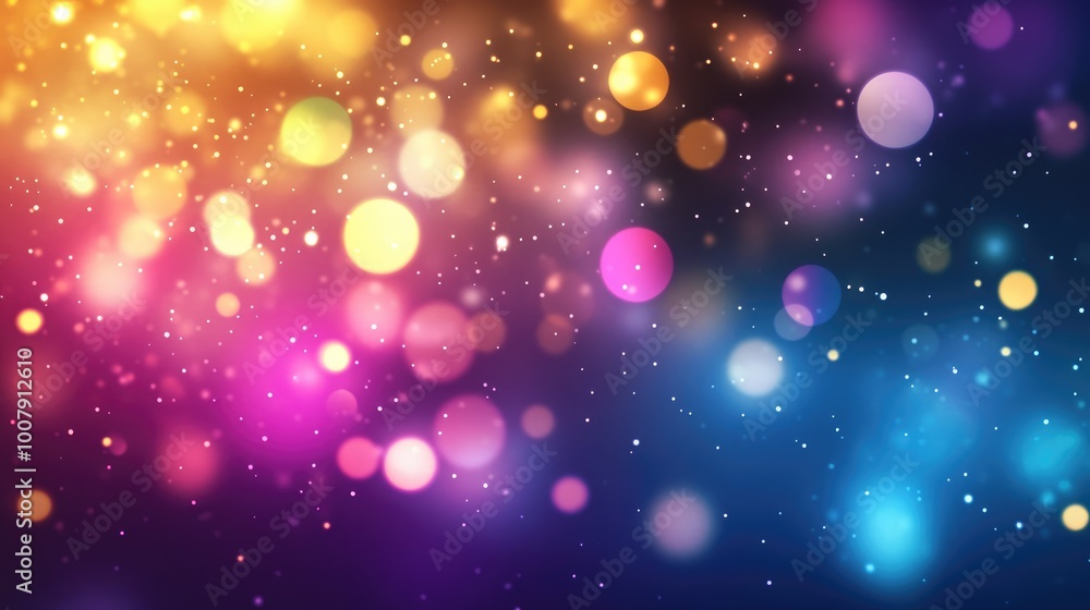 The artwork showcases a vibrant backdrop with joyful, multicolored bokeh lights The artwork showcases a vibrant backdrop with joyful, multicolored bokeh lights