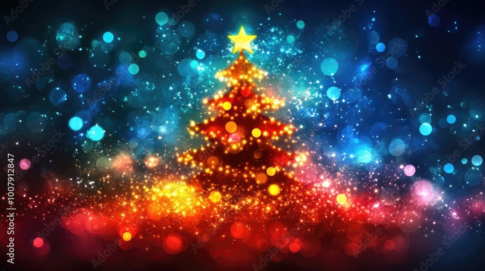 Fototapeta premium A colorful abstract background highlights a bright Christmas tree symbolizing festive joy