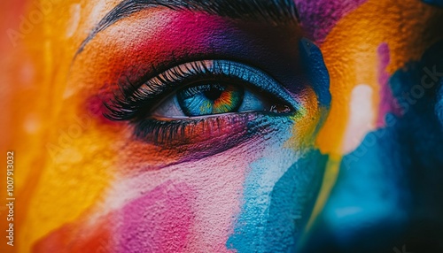 Close-up of a woman's eye with colorful makeup.