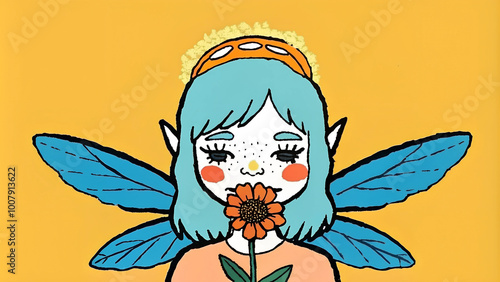 Illustration of Digital Painting of A woman with blue hair and a dress, sitting in a field of flowers. Has wings similar to dragonflies