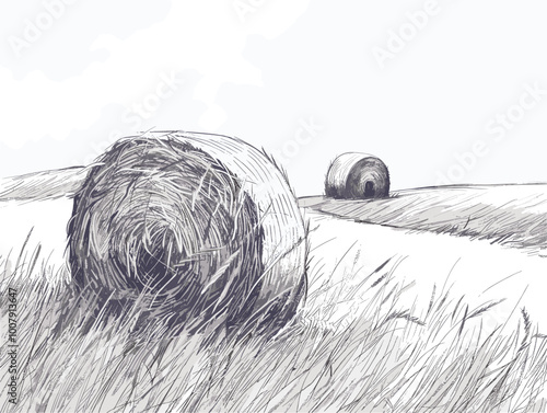 white background, Farm field with hay bales - isolate on a farm landscape background., drawings in pencil easy, very simple and isolate in the style of animated illustrations, white background