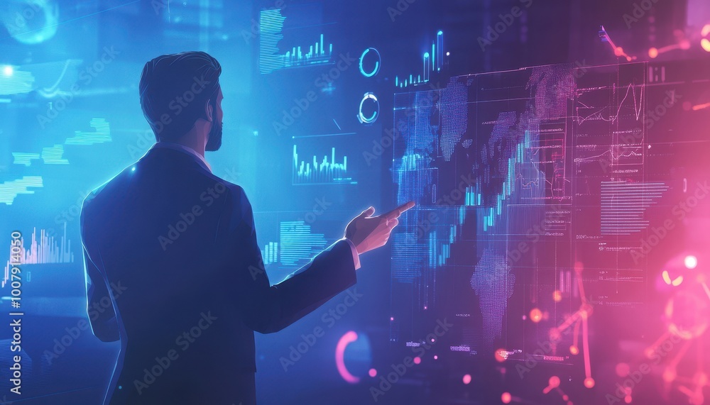 Man Interacting with Digital World Map and Data Visualizations Man Interacting with Digital World Map and Data Visualizations