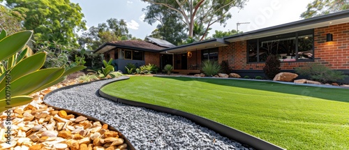 House with green lawn and landscaping photo