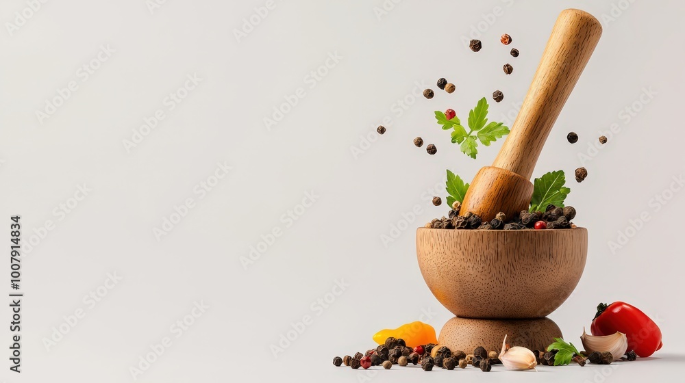 A rustic wooden mortar and pestle filled with fresh spices and herbs, surrounded by colorful vegetables, perfect for enhancing culinary creations in a kitchen setting. A rustic wooden mortar and pestle filled with fresh spices and herbs, surrounded by colorful vegetables, perfect for enhancing culinary creations in a kitchen setting.