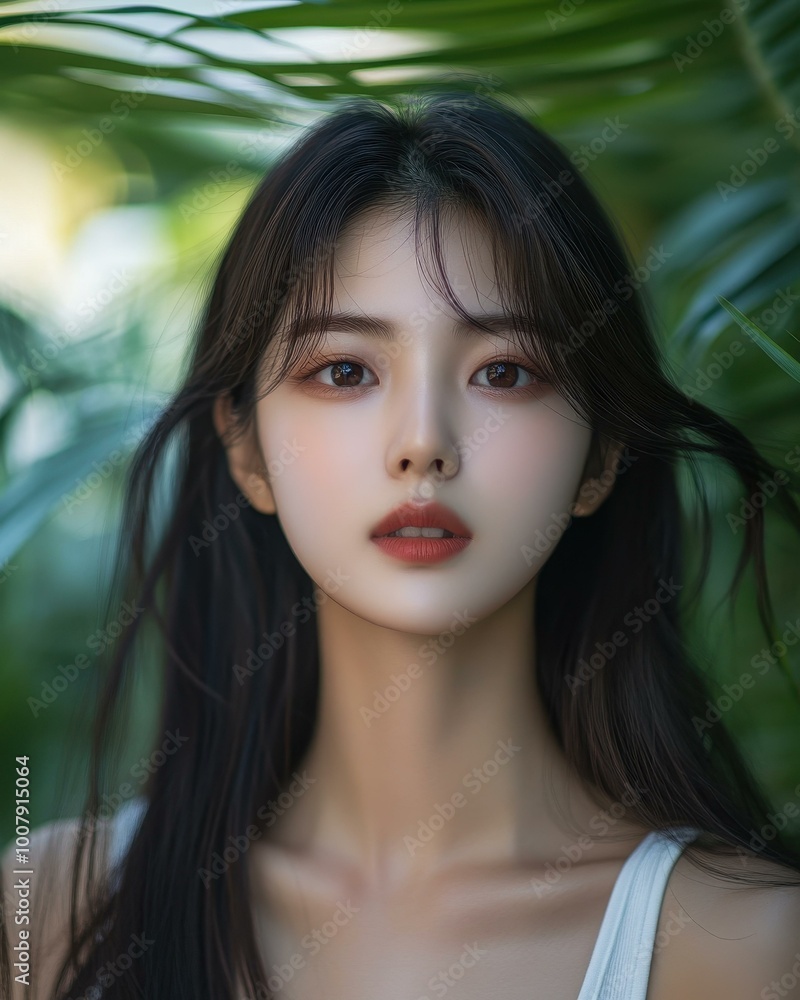 Stunning portrait of a Korean female idol in a white tank top, showcasing her natural beauty against a tropical backdrop. Stunning portrait of a Korean female idol in a white tank top, showcasing her natural beauty against a tropical backdrop.
