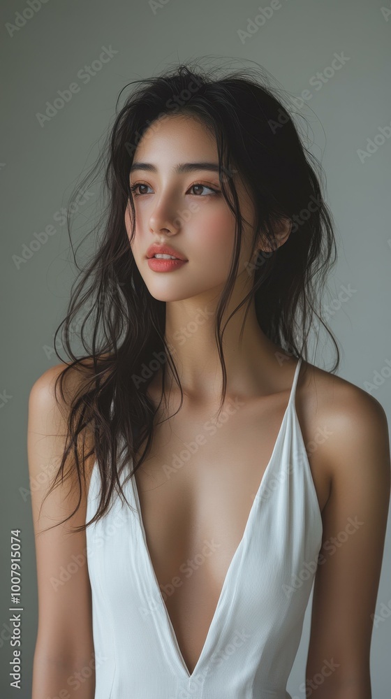 A stunning Japanese woman stands gracefully in a white dress, surrounded by lush greenery at a summer resort. A stunning Japanese woman stands gracefully in a white dress, surrounded by lush greenery at a summer resort.