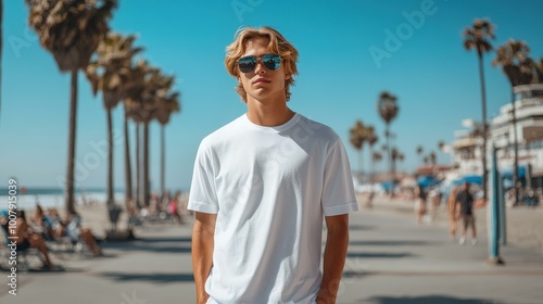 A young adult with a surfer look stands on a beach boardwalk, wearing a fitted white tee and embracing the sunkissed atmosphere.