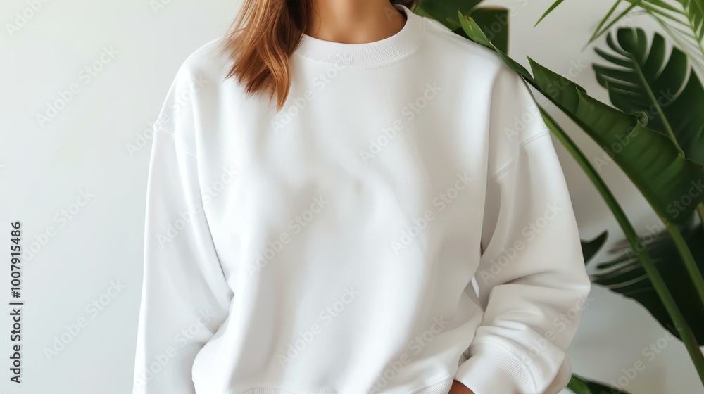 A middleaged woman in a blank white crewneck sweatshirt poses indoors, surrounded by green leaves and natural light. A middleaged woman in a blank white crewneck sweatshirt poses indoors, surrounded by green leaves and natural light.