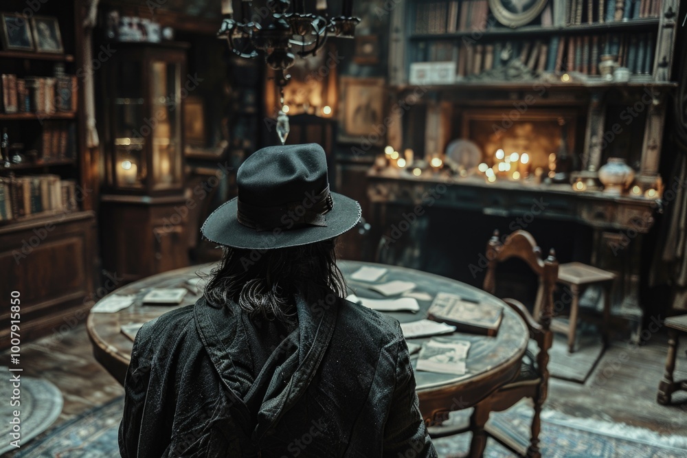 Fototapeta premium Man in hat sitting at a table in a library