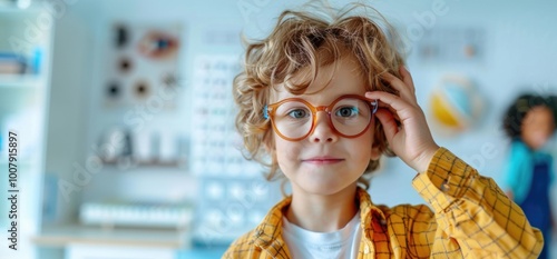 Young boy wearing red glasses in an optometrists office