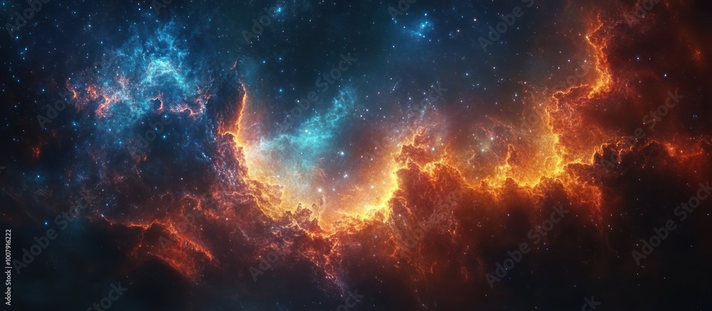 Obraz premium A vibrant nebula with swirling clouds of red, orange, blue, and purple against a backdrop of twinkling stars.