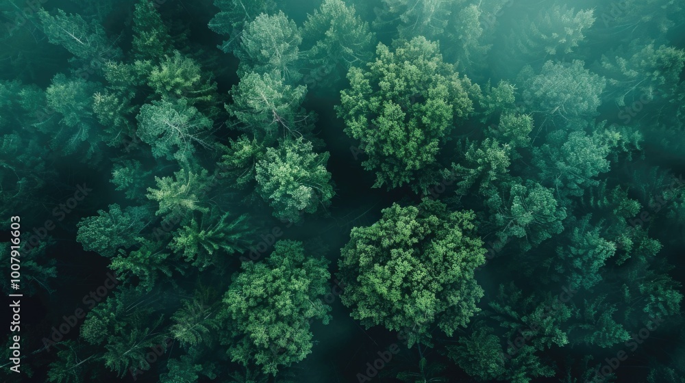 Aerial View of Lush Green Forest Canopy in Early Morning Mist Aerial View of Lush Green Forest Canopy in Early Morning Mist