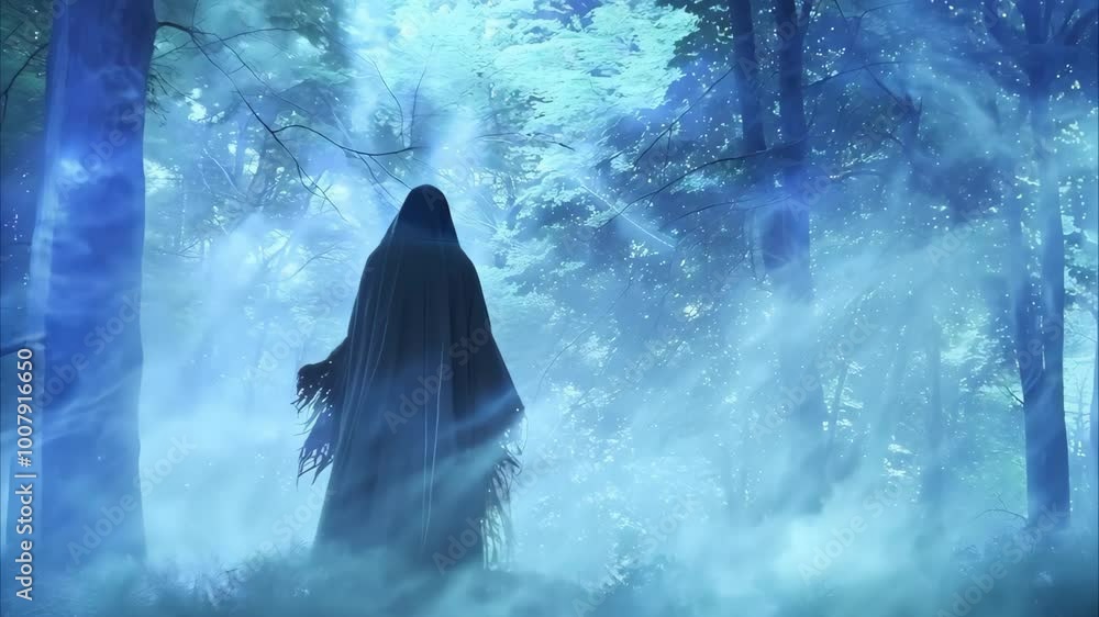 A mysterious figure in a dark cloak stands amidst a foggy, ethereal forest, surrounded by a blueish haze and trees. A mysterious figure in a dark cloak stands amidst a foggy, ethereal forest, surrounded by a blueish haze and trees.