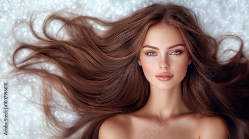 A woman with long brown hair is laying on her back. She has a beautiful smile and her eyes are closed