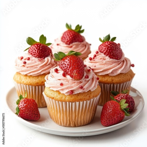 Strawberry cupcakes on a plate, isolated with a white background, elegant and appealing.