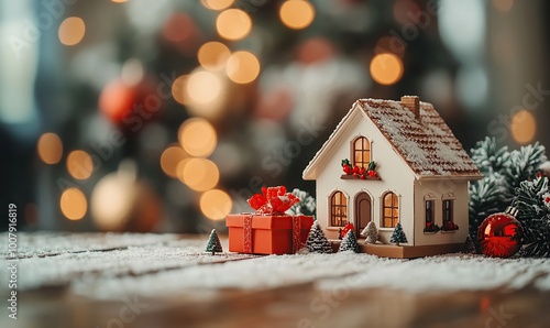 Christmas concept with a house model and gifts on a wooden table