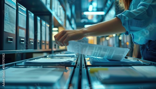 Person Sorting Documents in a Modern Archive with Bright Lights and Organized Folders