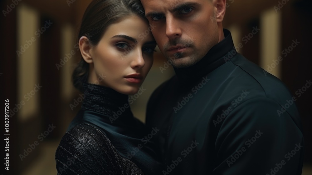 Elegant Couple in Dark Fashion Posing Intimately with Intense Expressions in Dimly Lit Hallway Elegant Couple in Dark Fashion Posing Intimately with Intense Expressions in Dimly Lit Hallway