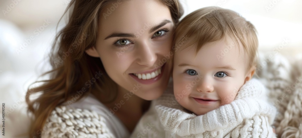 Happy Mother and Baby in Cozy Sweaters Smiling Indoors in Natural Light Happy Mother and Baby in Cozy Sweaters Smiling Indoors in Natural Light