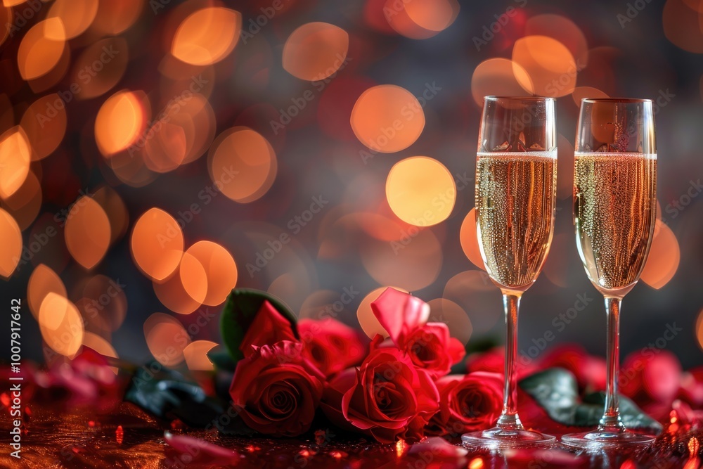 Romantic champagne and roses with bokeh lights Romantic champagne and roses with bokeh lights