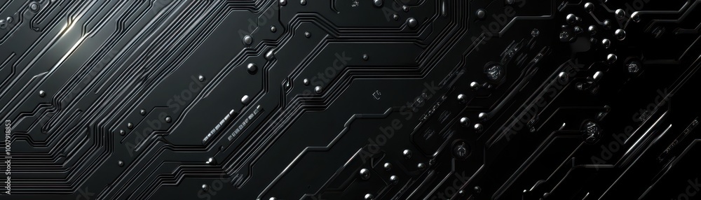 Close-up of a Black Circuit Board with Silver Traces and Components Close-up of a Black Circuit Board with Silver Traces and Components