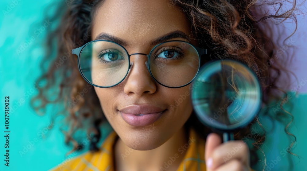 Young Woman with Glasses Holding Magnifying Glass Against Colorful Background Young Woman with Glasses Holding Magnifying Glass Against Colorful Background