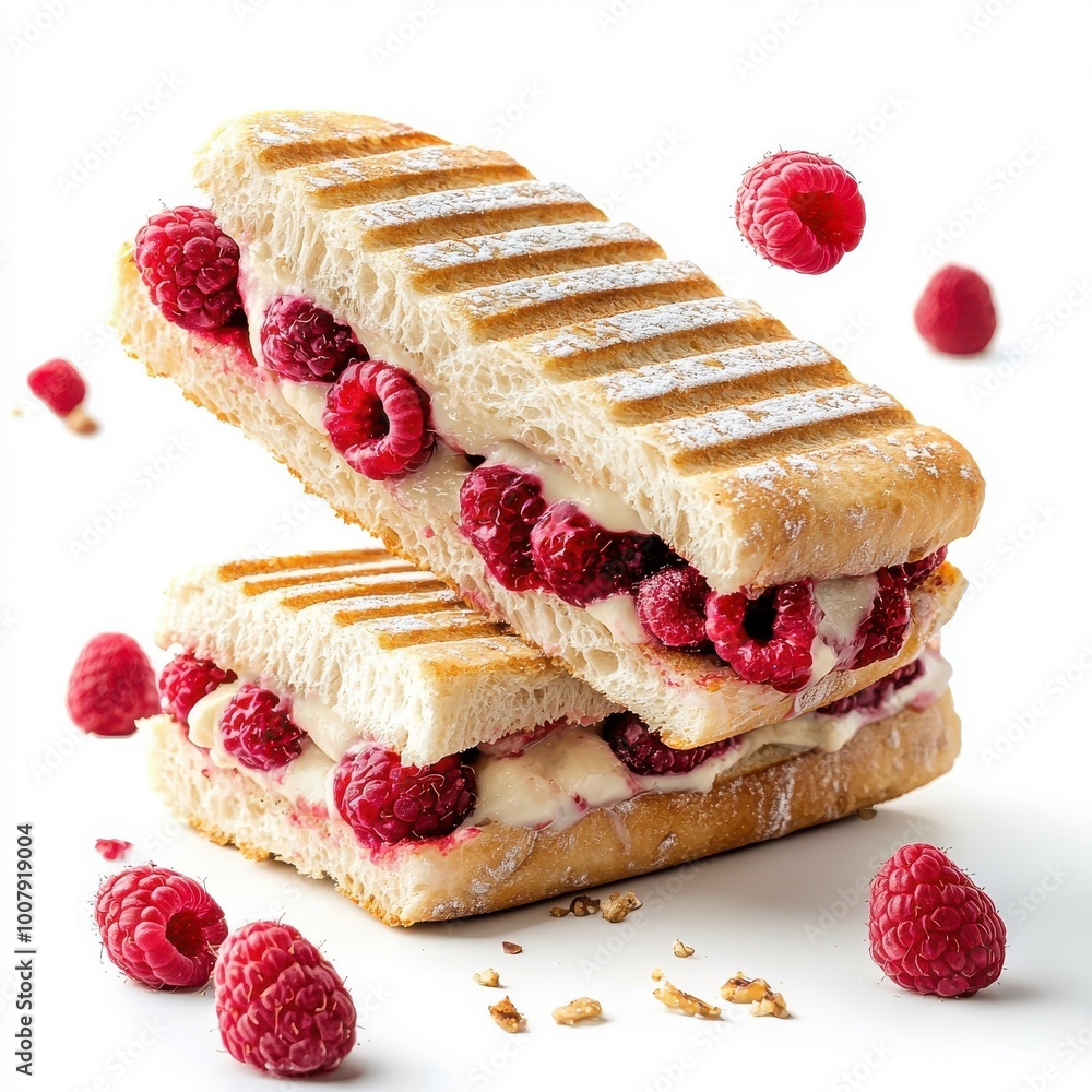Flying panini with raspberry, isolated on a white background, adding a dynamic and whimsical touch. Flying panini with raspberry, isolated on a white background, adding a dynamic and whimsical touch.