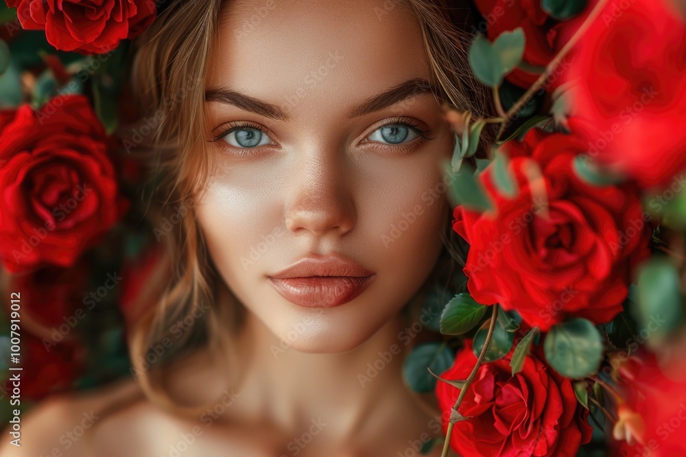 Woman with blue eyes surrounded by red roses Woman with blue eyes surrounded by red roses