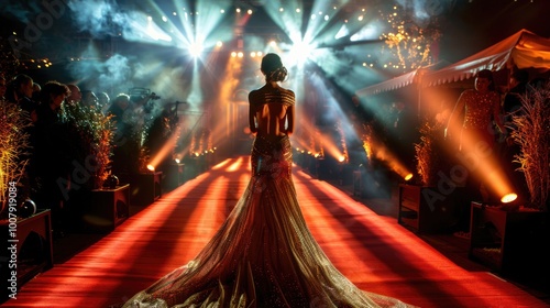 Glamorous Red Carpet Event with Elegant Woman in Stunning Evening Gown and Vibrant Lights