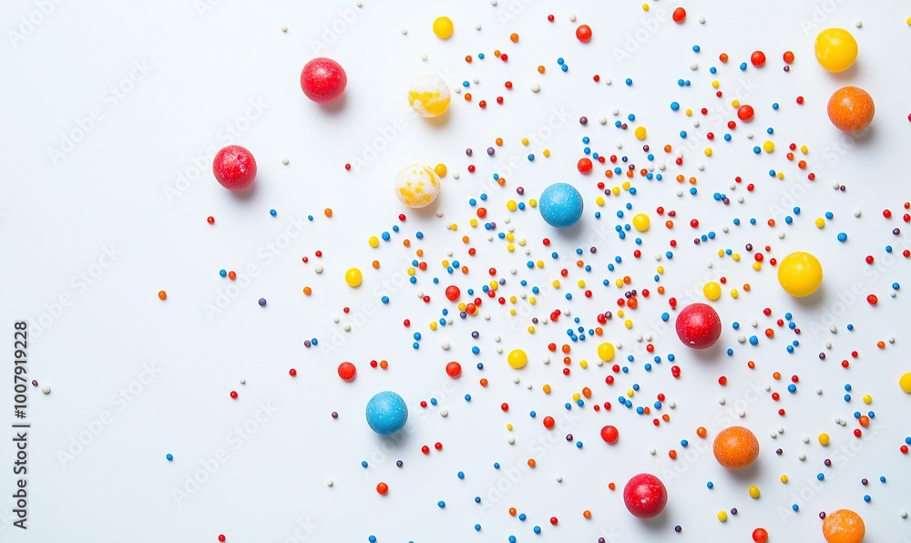 Colorful sprinkles and candy balls scattered on a white background Colorful sprinkles and candy balls scattered on a white background