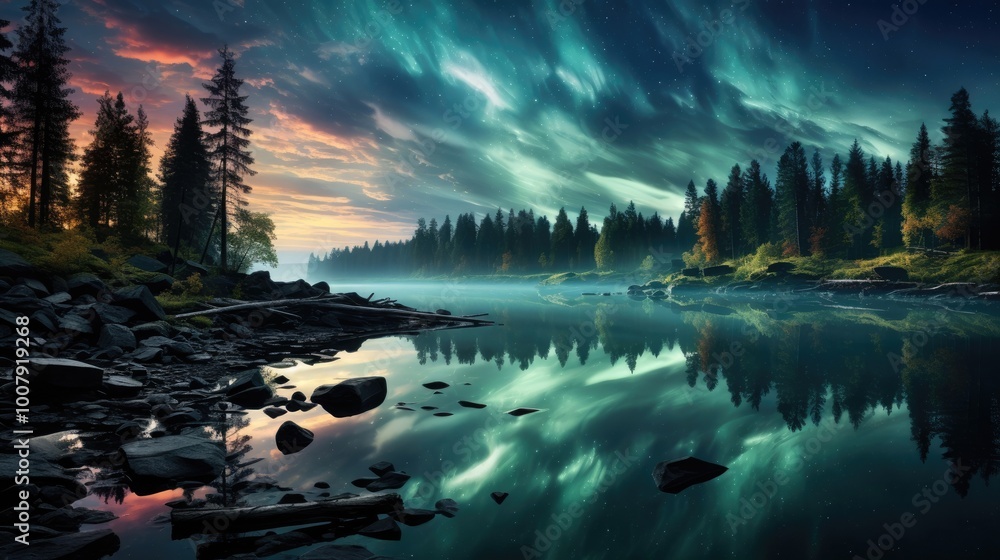 Obraz premium Night sky over forest lake