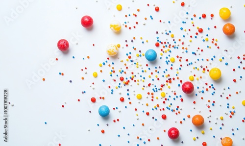 Colorful sprinkles and candy balls scattered on a white background