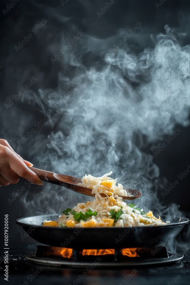 A hand expertly stirs fresh noodles and vegetables in a hot pan, releasing aromatic steam. Perfect for showcasing vibrant cooking techniques in a culinary setting. A hand expertly stirs fresh noodles and vegetables in a hot pan, releasing aromatic steam. Perfect for showcasing vibrant cooking techniques in a culinary setting.