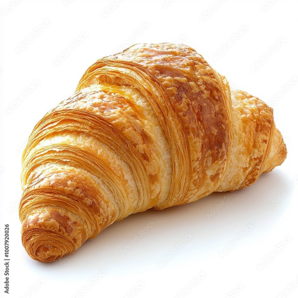 A croissant isolated on a white background, showcasing its golden, flaky layers and buttery texture. A croissant isolated on a white background, showcasing its golden, flaky layers and buttery texture.