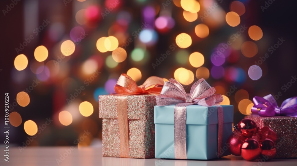 Wrapped gift under christmas lights Wrapped gift under christmas lights