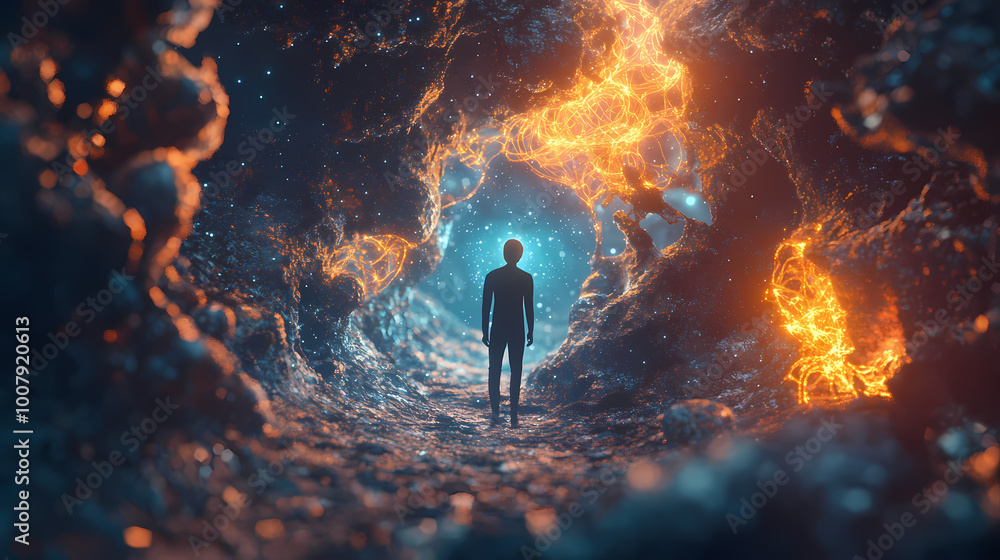 Fototapeta premium 3d illustrate of explore the quantum realm where neuroplasticity shapes the landscape of emotional resilience. Quantum Realm. Illustration